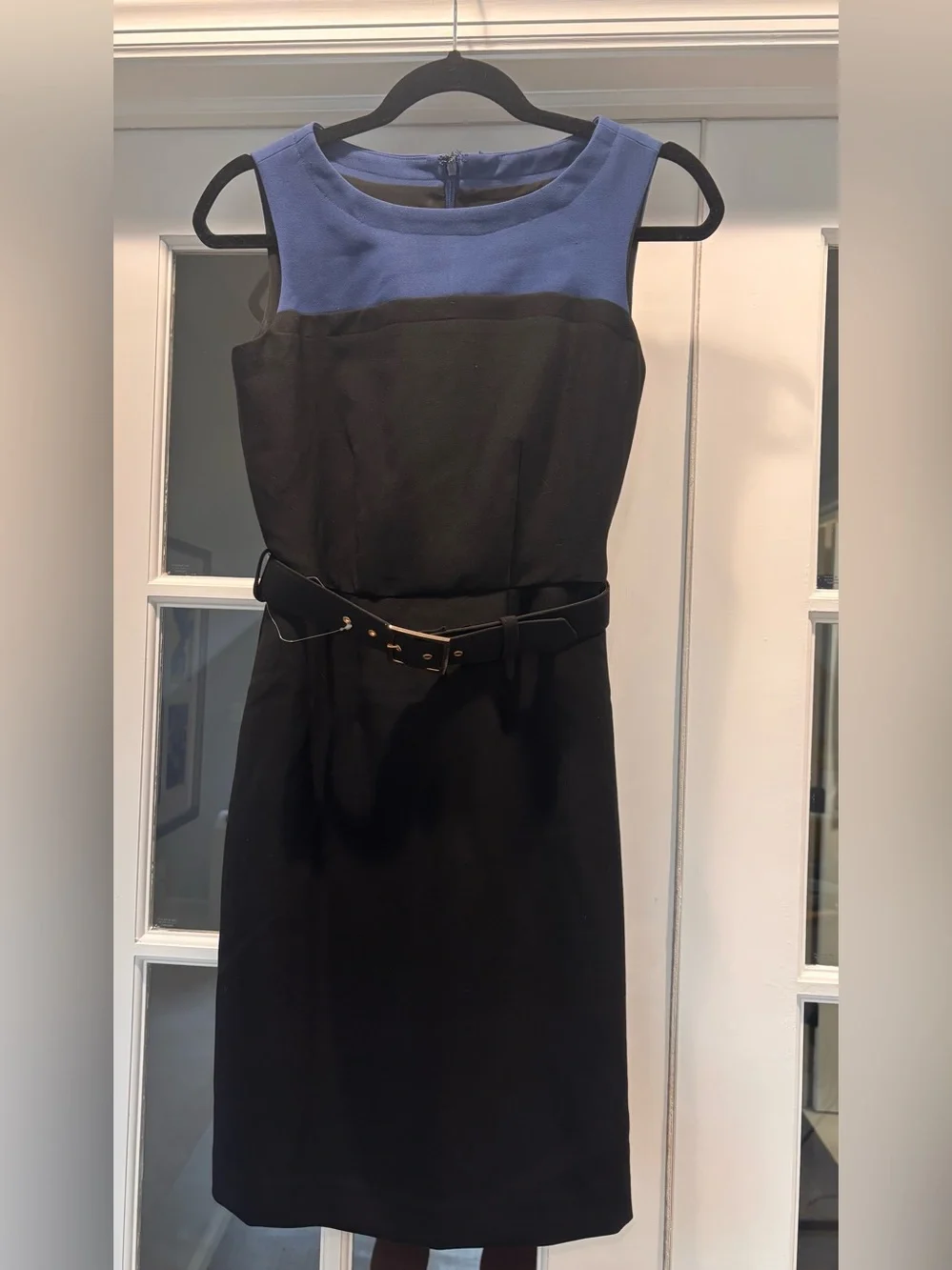 Banana Republic Belted Black Midi Dress with Blue Yoke